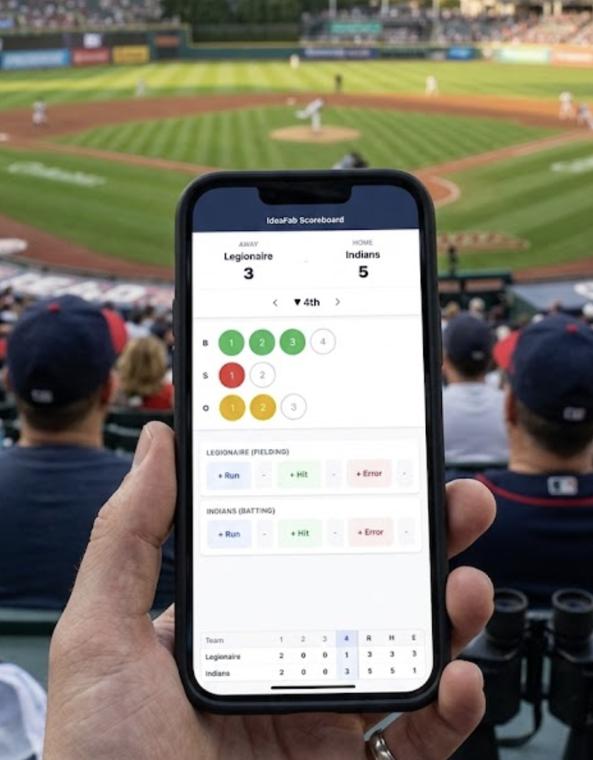 Mobile scoring app showing a live baseball game with runs, hits, errors, and ball-strike-out tracking